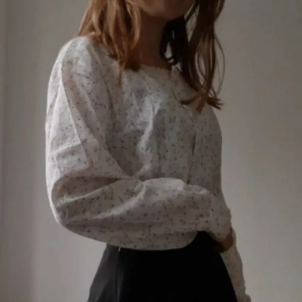 Floral blouse button cream white shirt puff sleeve